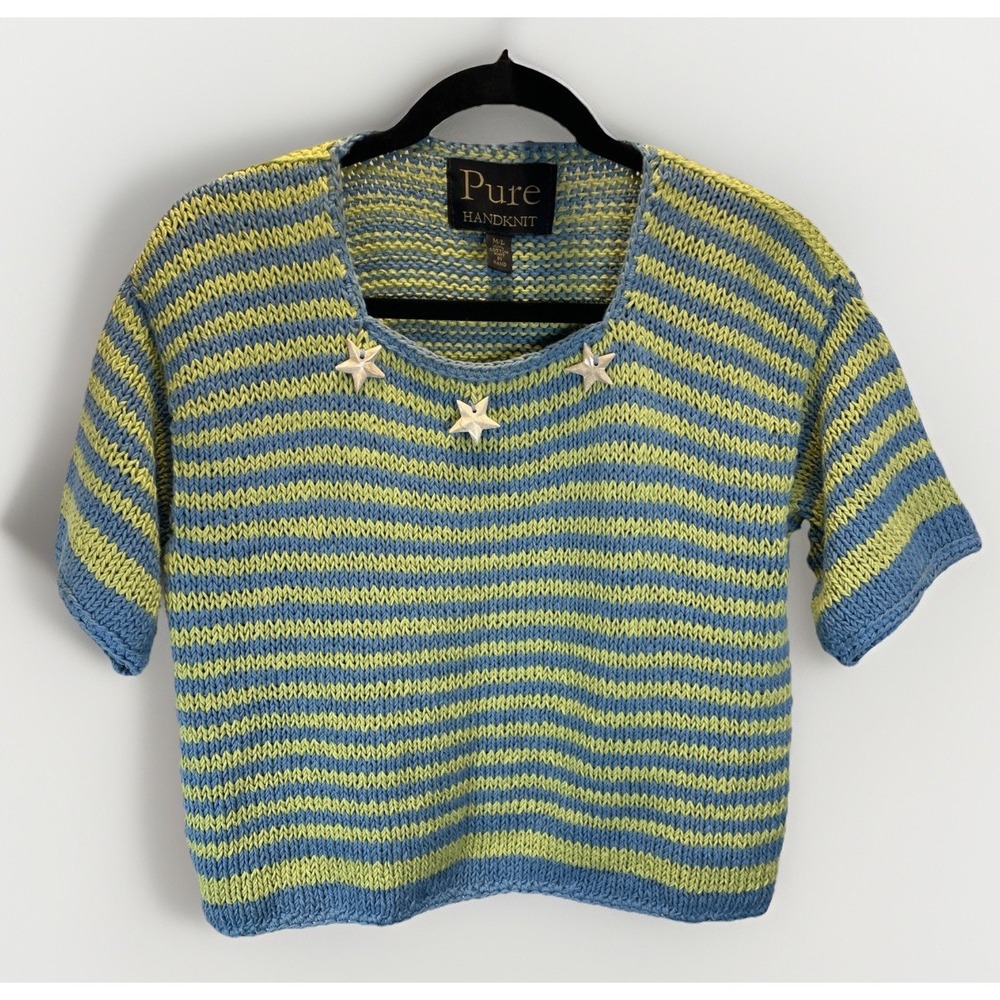 Pure Handknit Women M/L Blue Lime Striped Cotton SS Pullover Sweater Stone Stars
